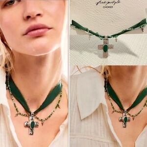 New Free People Lola Emerald Chocker Cross Necklace